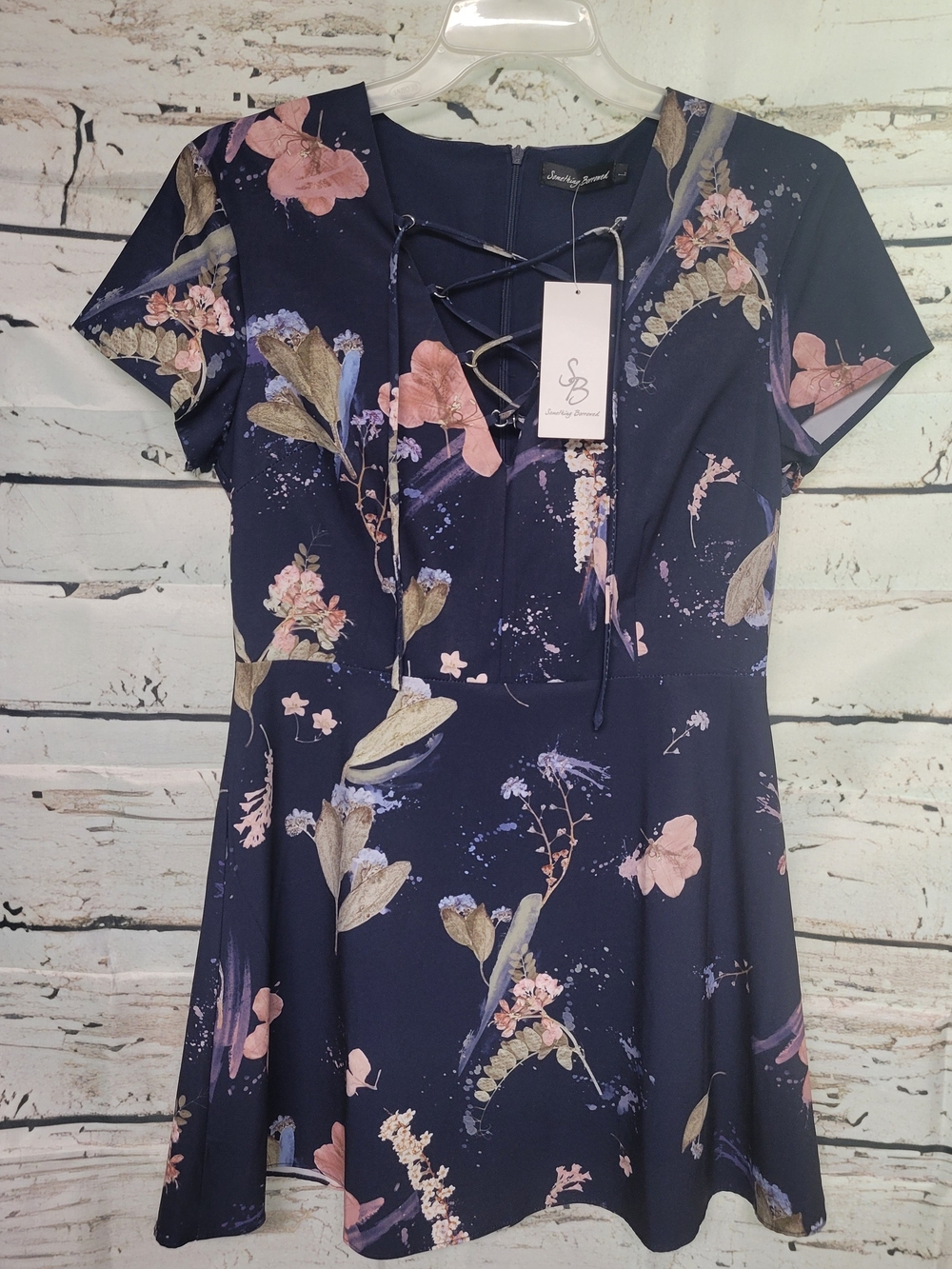 Something Borrowed Floral Print Lace-Up Skater Dress Navy Blue Size Large